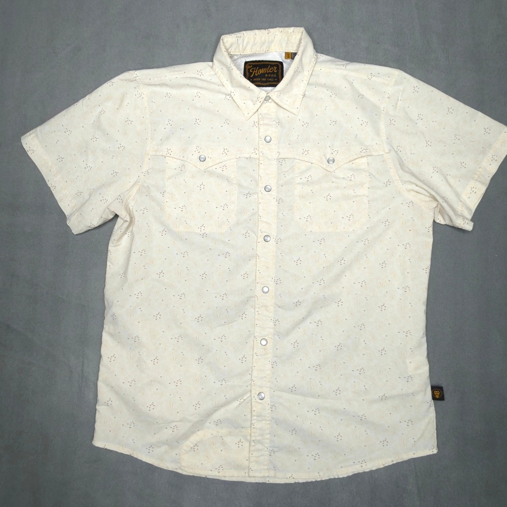 Howler Brothers H Bar B Snapshirt Mens Small Cream Bird Print Western Pearl Snap